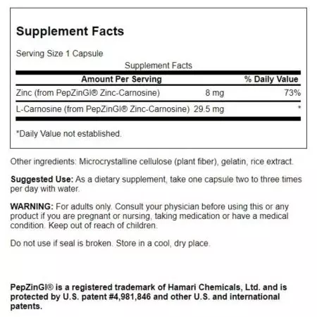 Swanson Zinc Carnosine Featuring Pepzingi, 60 Capsules 2 Swanson Zinc Carnosine Featuring Pepzingi, 60 Capsules - Image 2